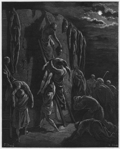 Gustave Doré Bijbel: De inwoners van Jabesh-Gilead halen de lichamen van Saul en zijn zonen terug door Gustave Dore